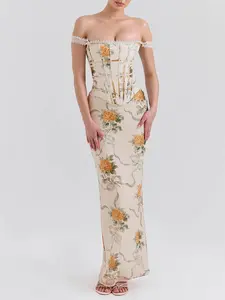 LikeMyChoice Vintage Rose Print Corset Dress Bodycon Maxi for Women Casual Wear - Womenswear