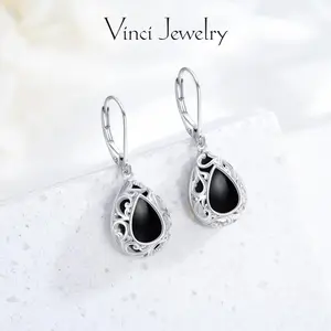 925 Black Agate Earrings, with Synthetic Obsidian Drop and Hollow out Floral Design, Unique and Hypoallergenic Sterling Silver Onyx Jewelry for Women, Safe for Daiy Wear and Party, Valentine's Day Birthday Gift