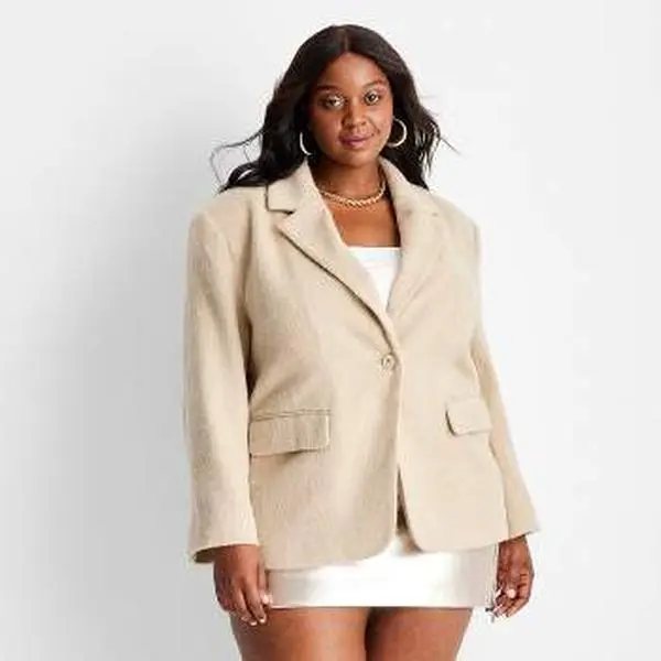 Future Collective Women’s Beige Textured Single‑Button Blazer – Wool‑Blend, NWT