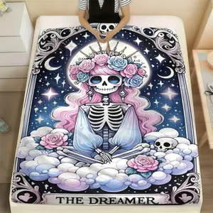 Pastel Goth "The Dreamer" Tarot Throw Blanket ， Pastel Goth Skeleton Priestess  ,   Soft Flannel for Kawaii Gothic Home Decor ， Occult Soft Flannel for Spiritual Home Decor ,Cozy Plush Throw for Bedroom