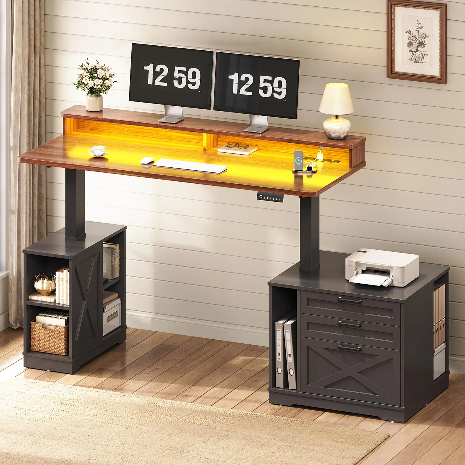 Sedeta 55"x23.6" Farmhouse Durable Sturdy Electric Standing Office Desk - Height-Adjustable, 3 Drawers, Wooden File Cabinet, Storage Shelves, Power Outlets, LED Display, 200 lbs Capacity, Eliminate Cord Clutter, Assembly Required, Home Work Use
