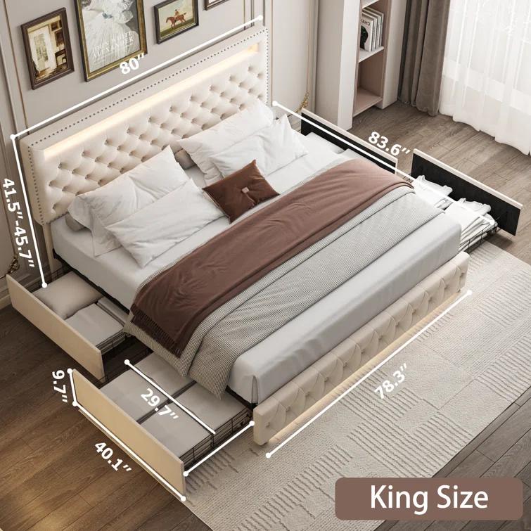GEGOFORU Queen LED Storage Bed Frame with 4 Drawers, Smart RGBW Lights in Headboard & Footboard, App & Remote Control, Quiet Upholstered Platform Bed, Off-White PU / Velvet, No Box Spring Needed