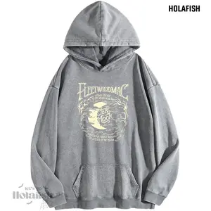 Holafish Women's Moon Print Acid Wash Hoodie Vintage Sweatshirt Oversized Loose Fit Winter Warm Streetwear Casual Tunic