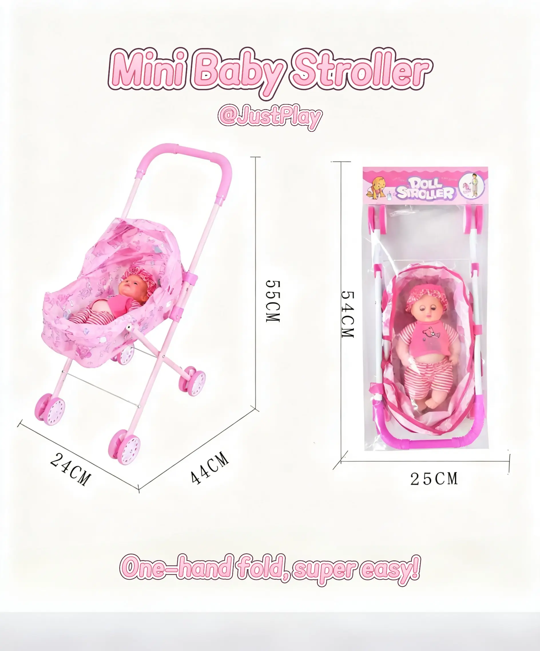 2026 New Foldable Kids' Doll Stroller Playset - Pink Cute Pattern, 1-Hand Fold Design, with Realistic Baby Doll, Ideal Little Gifts for Girls 3+ Year Old Birthday Holiday Presents, Doll Playsets