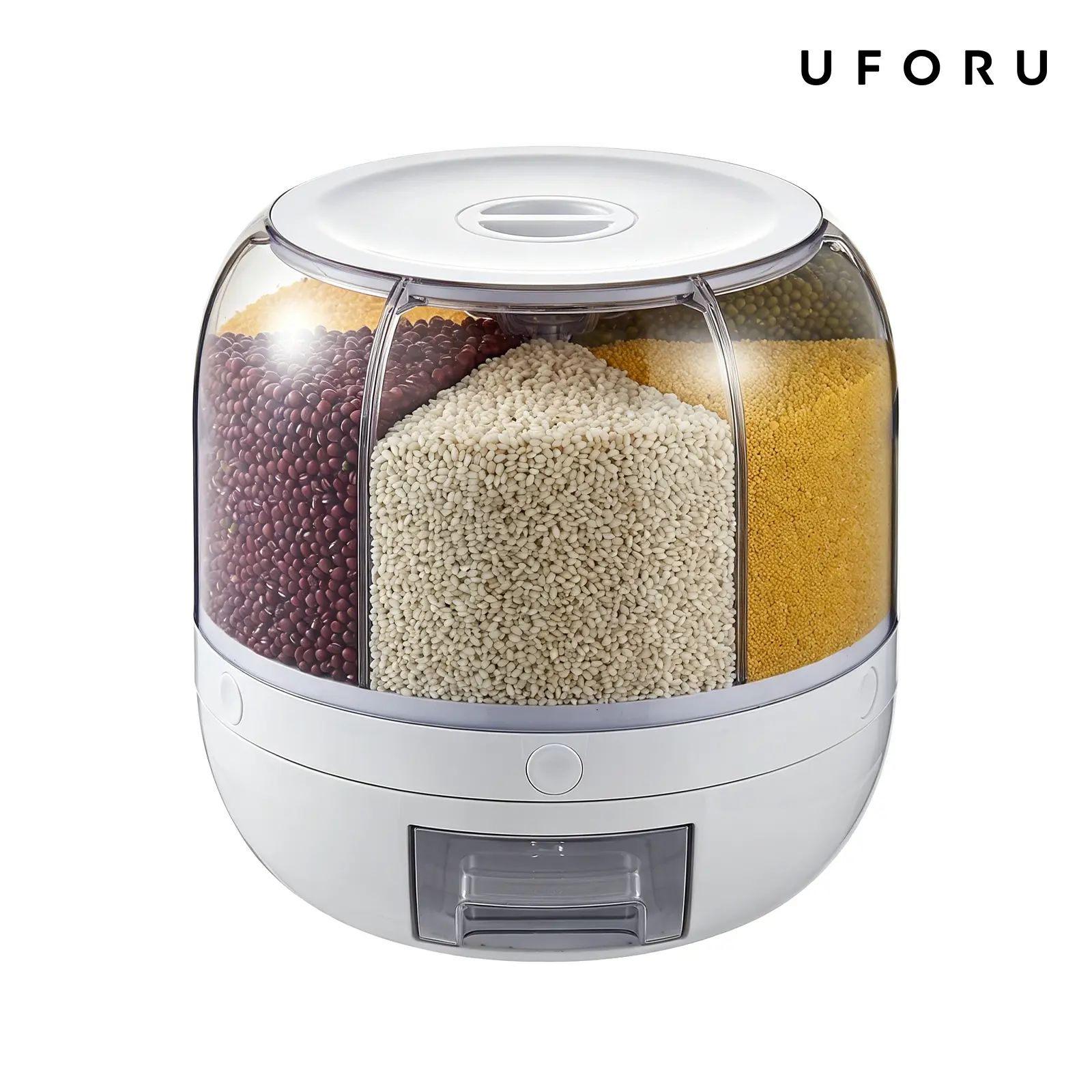 UFORU Sturdy Transparent 6-Grid Rotating Grain Dispenser - 360° Rotatable Kitchen Storage Container, 1-Click Output, Durable, Kitchen Organization, Storage Organization, Pantry Organizer, House Organizers (Rice, Beans) - Check Dimensions First, Grain Disp