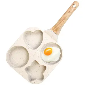 4 -CUP heart-shaped non stick multifunctional pan, granite uncoated wooden handle frying pan, egg, pancake, crepe and sandwich multifunctional non stick pan, easy to clean creative gift outdoorfun
