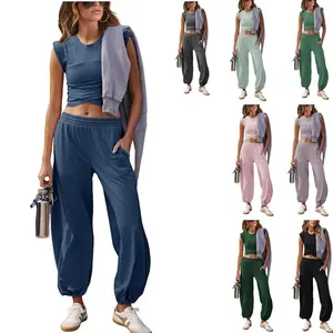WoodBerry Women's Two-Piece Lounge Sets Workout Cropped Top Tee High Rise Sweatpants Outfits Casual Sweatsuits Suit Athletic Tracksuits With Pockets