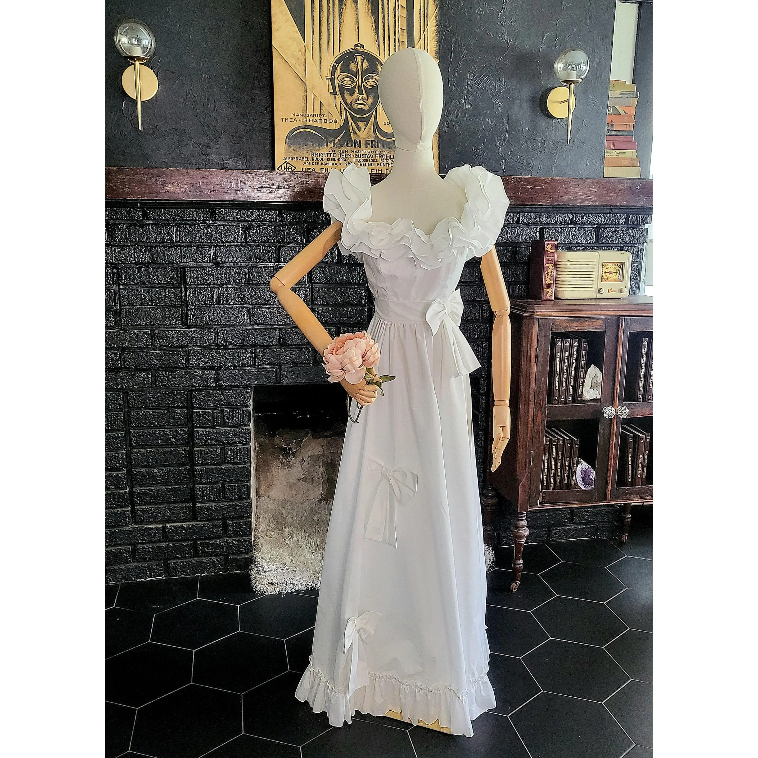 Vintage 1970's-1980's White Off the Shoulder Ruffle Neck Wedding Gown