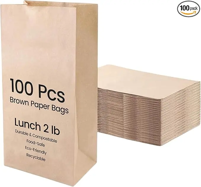 Brown Paper Bags Lunch – Durable & Compostable Brown Paper Gift Bags, Food-Safe (Pack of 100)