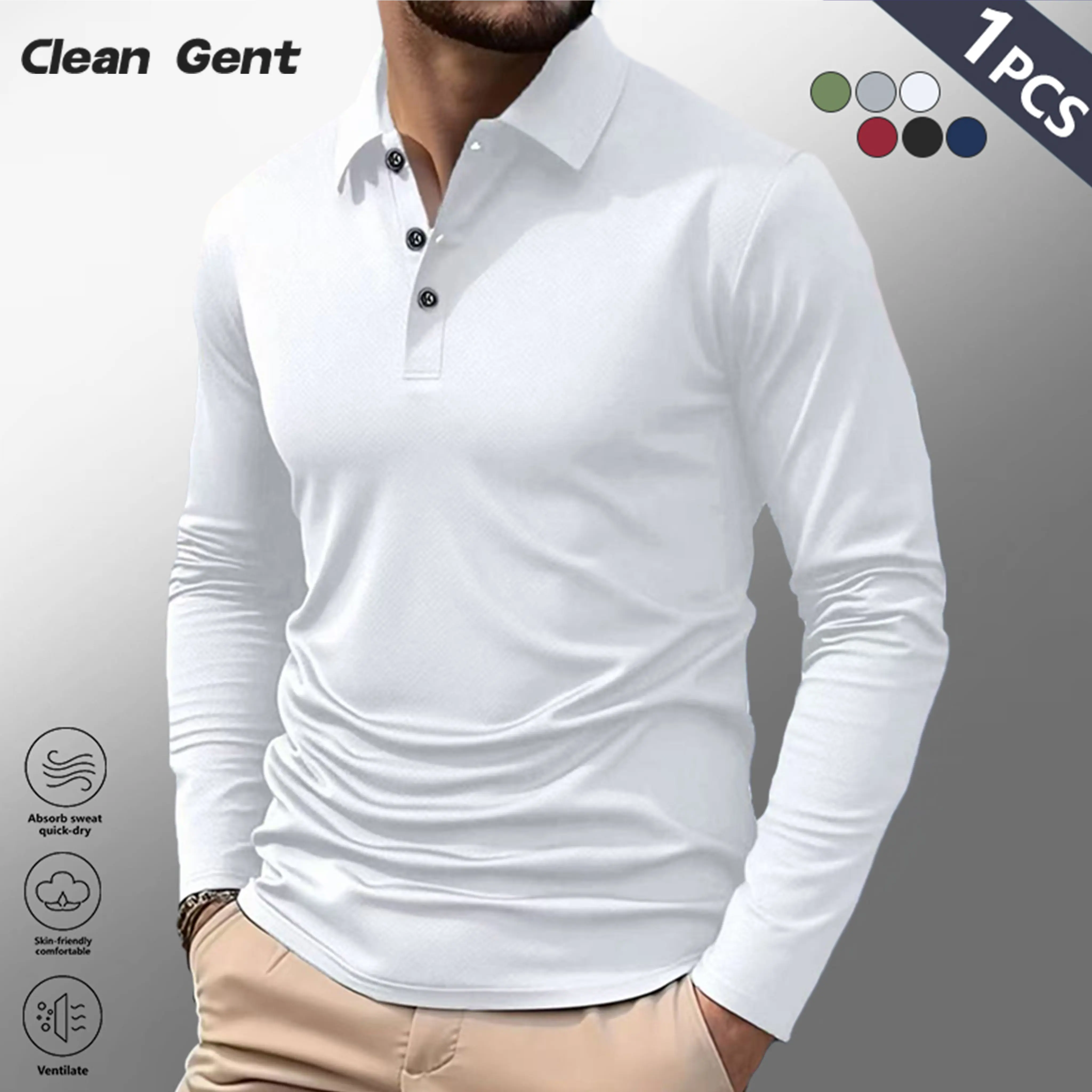 Clean Gent men’s casual long-sleeve polo shirt with a golf collar, button-front design, comfortable fit, suitable for outdoor sports and everyday wear; classic-style top, all-season long-sleeve menswear.