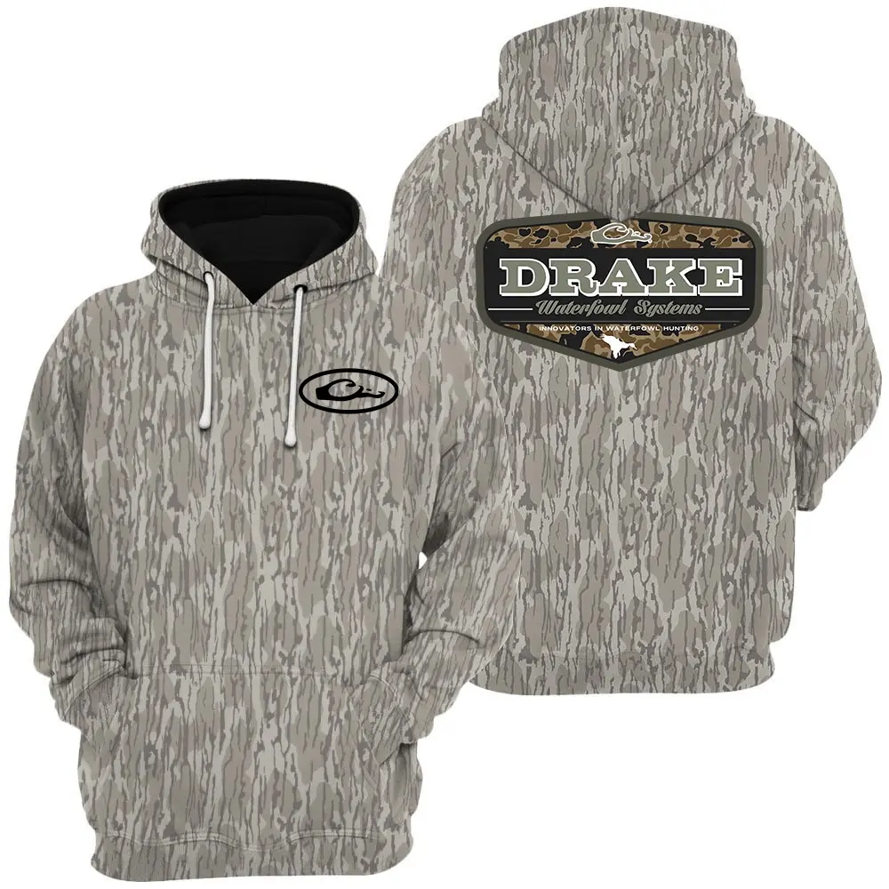 Drake Waterfowl Hoodie – Hunting Logo Camo Patch Graphic Pullover Camo Hoodie 2, Mosy Oakk Bottomland, Vintage 3D , Gift Idea, Gift for Dad or Husband,Perfect For Outdoor Enthusiasts