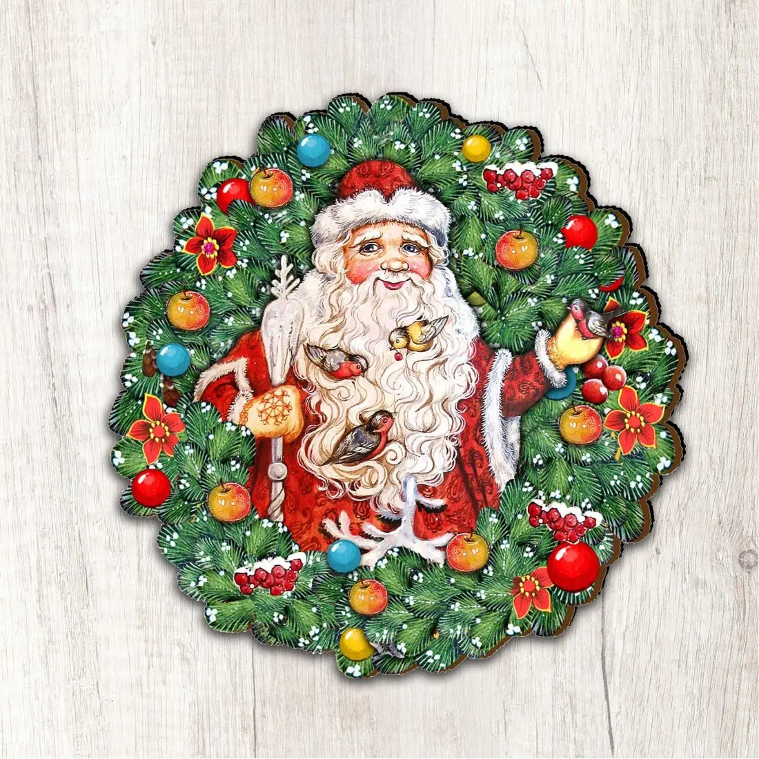 Designocracy 8185320M 12x9 in. Woody Sturdy Weather-Resistant Hand-Crafted Sun Protection UV-Coated Wooden Santa Claus Wreath with Birds, Large Ornaments - Wall Mountable for Doors, Garden - Family All Seasons Christmas Festive Home Decoration