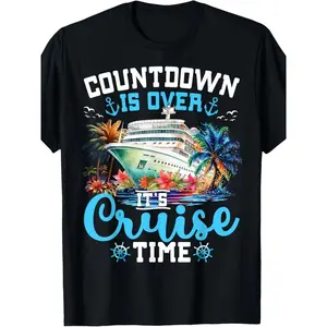 Men'S Cruise Time Countdown Is Over T-Shirt - Tropical Cruise Ship & Palm Tree Graphic Tee with Bold "Countdown is Over, It'S Cruise Time" Slogan - Relaxed Fit Short Sleeve Crew Neck Shirt for Vacationers, Cruise Lovers  Casual Oversized