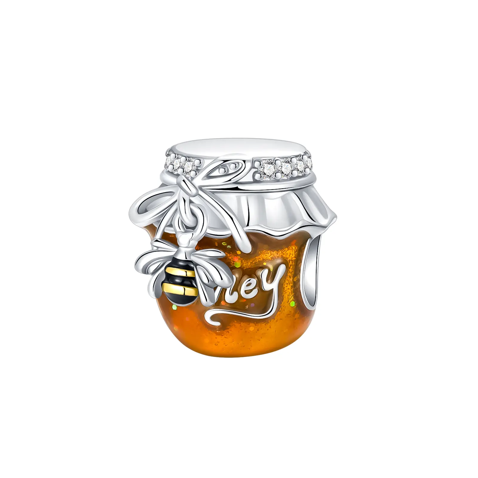 Sweet Honey Bee Jar Charm, 925 Sterling Silver, Sparkling, Resin Detail, Bow Design — Ideal for European-Style Bracelets, Perfect for Nature Lovers and Birthday Gifts; Bracelet/Necklace Jewelry Gift for Women