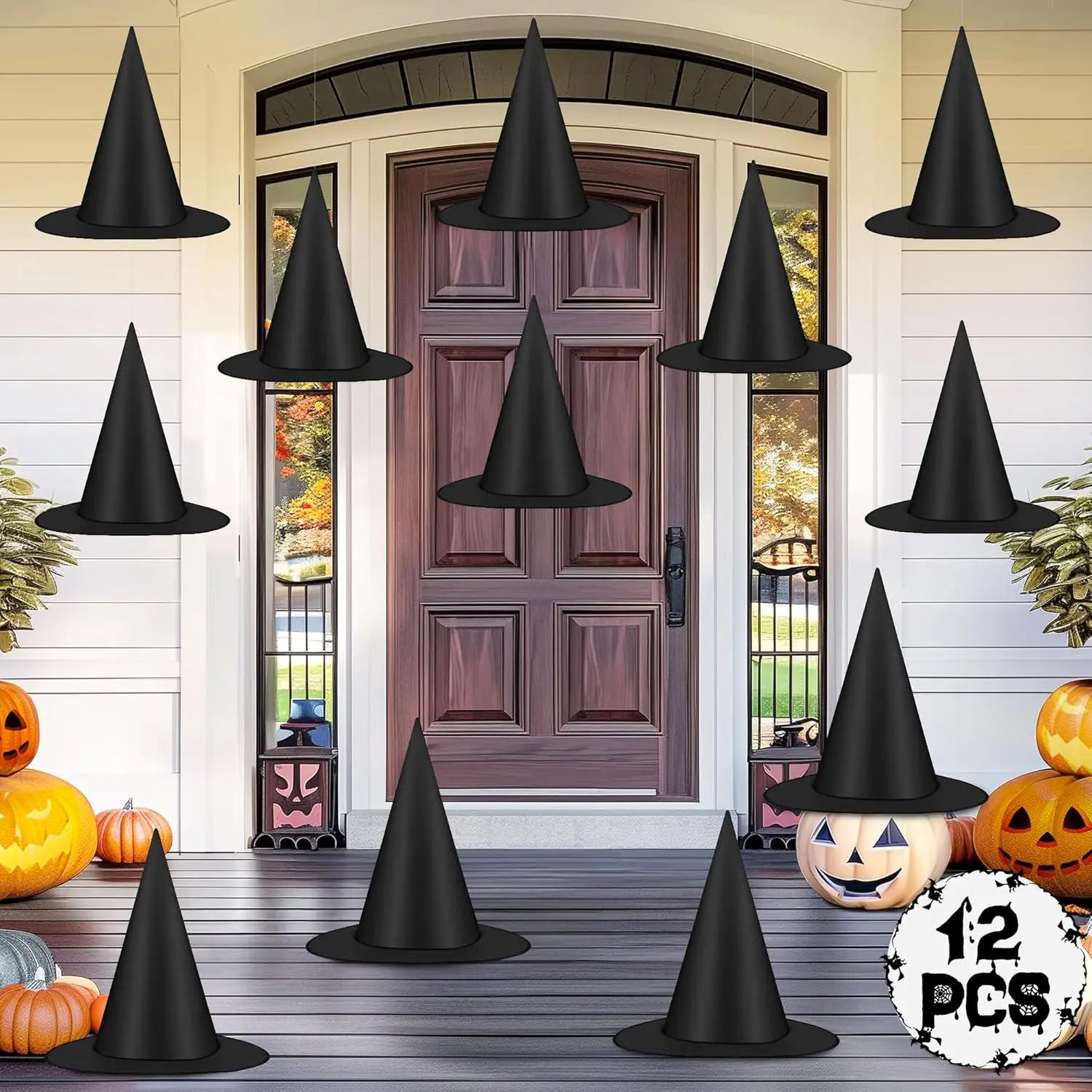 12 Floating Witch Hats Set - 14 Inches Tall Oxford Fabric Black Halloween Party Decorations, Includes 328ft Nylon Cord for Hanging or Costumes, Floating Ornaments, Hang From Ceilings Easily