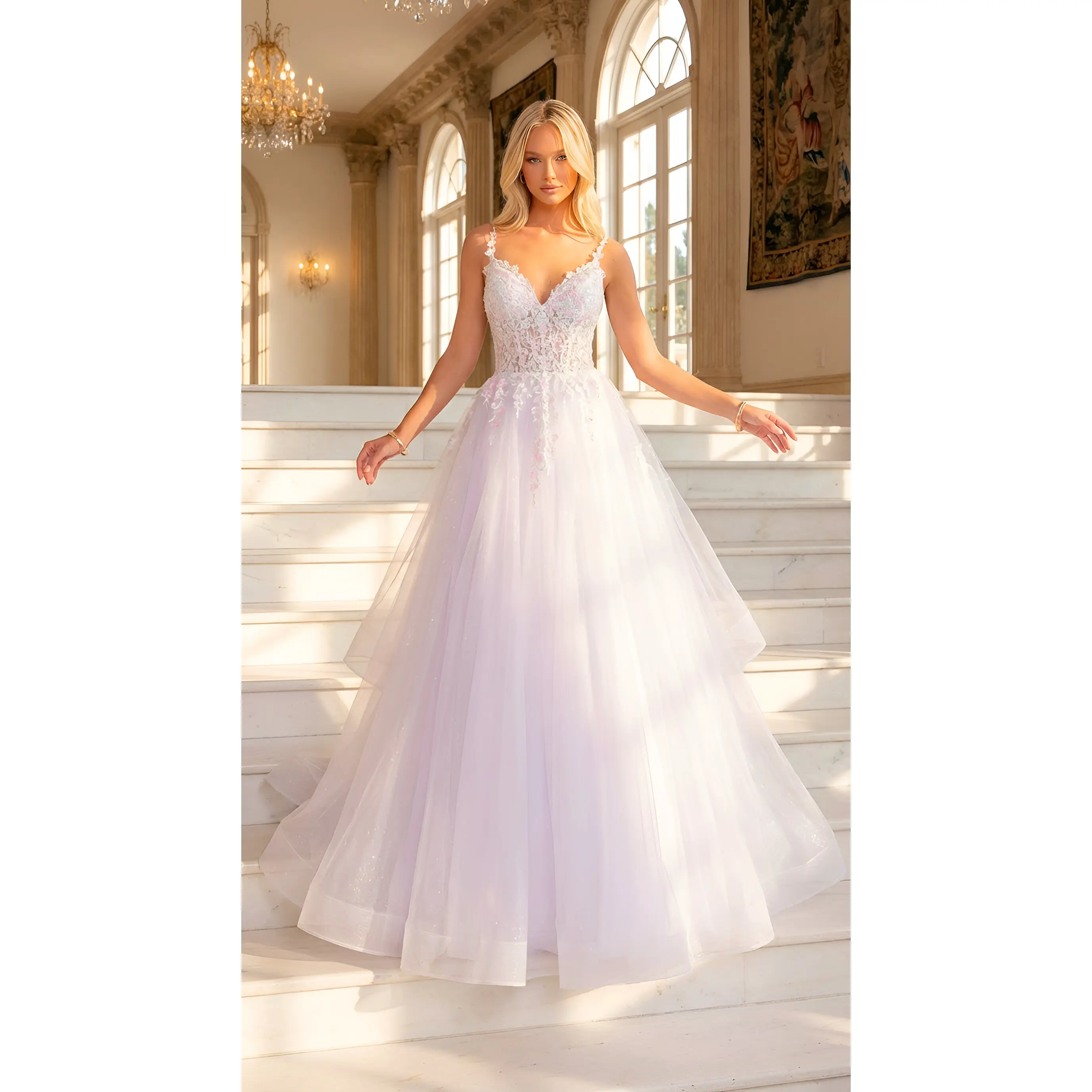 Women's Sleeveless Floor-Length Formal Ball Gown - Elegant Tulle Fabric Evening Dress with Multicolor Lace, Purple Embellishments for Special Occasions
