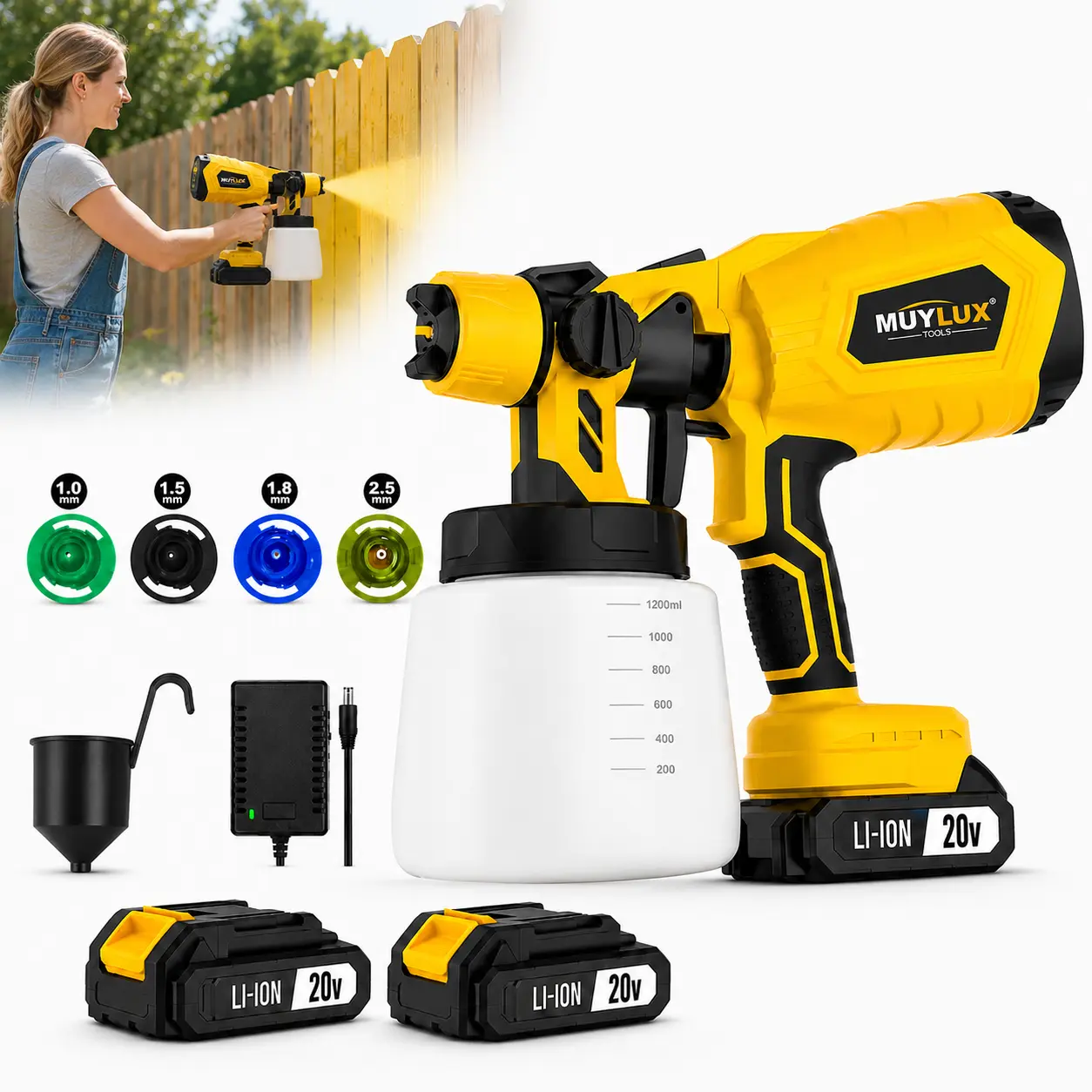 20V Cordless HVLP Handheld Paint Sprayer Gun - 20V Battery (2-Pack), 4 Nozzles, 1200ml Tank, Adjustable Spray Pattern, Easy-Clean Accessory, Spray Painting Tool for House Painting, Garage Doors, Fence Painting Paint Sprayer Machine Paint Sprayer For House