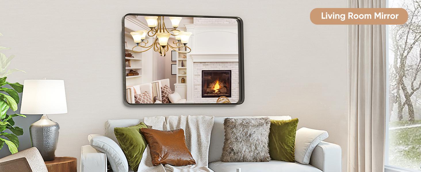 Bathroom Mirror Wall Mirror for Bathroom Black Metal Framed Rounded Corner Rectangle Vanity Mirror, Large Mirrors for Wall, Anti-Rust& Waterproof