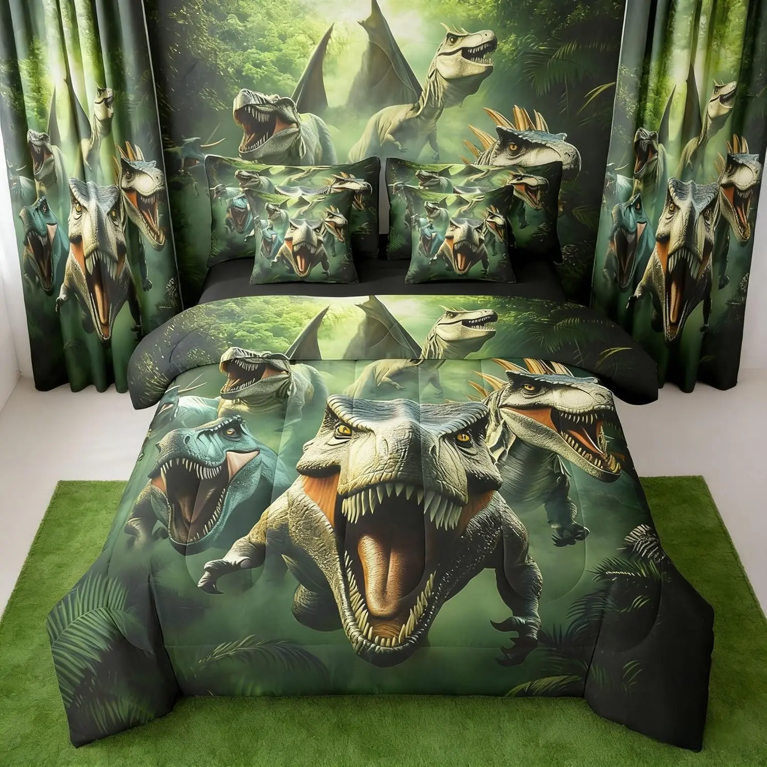 Dinosaur 7 Piece Bedding Set for Kids Boys Girls Dinosaur Wildlife Comforter Set with Sheets,Pillowcases & Cushion Cover 3D Dino Print Bed in a Bag Bedroom Decor Soft Microfiber Wild Animal