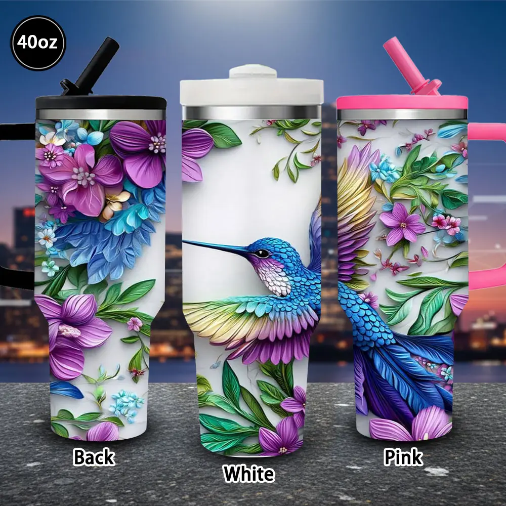 1 pc 40 oz Exquisite Hummingbird & Floral Vacuum Insulated Tumbler with Leak-Proof Lid & Straw, Winter Travel Mug for Adults, Animals-Themed Gift for Valentine’s Day, Iced/Hot Coffee Kitchenware Drinkware, Easter