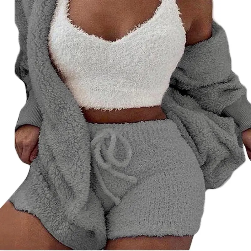 Women's Elegant 3-Piece Velvet Pajama Set - Zip-Up Hoodie, Crop Vest Top, Drawstring Shorts, Belt, Comfortable Sleepwear Loungewear