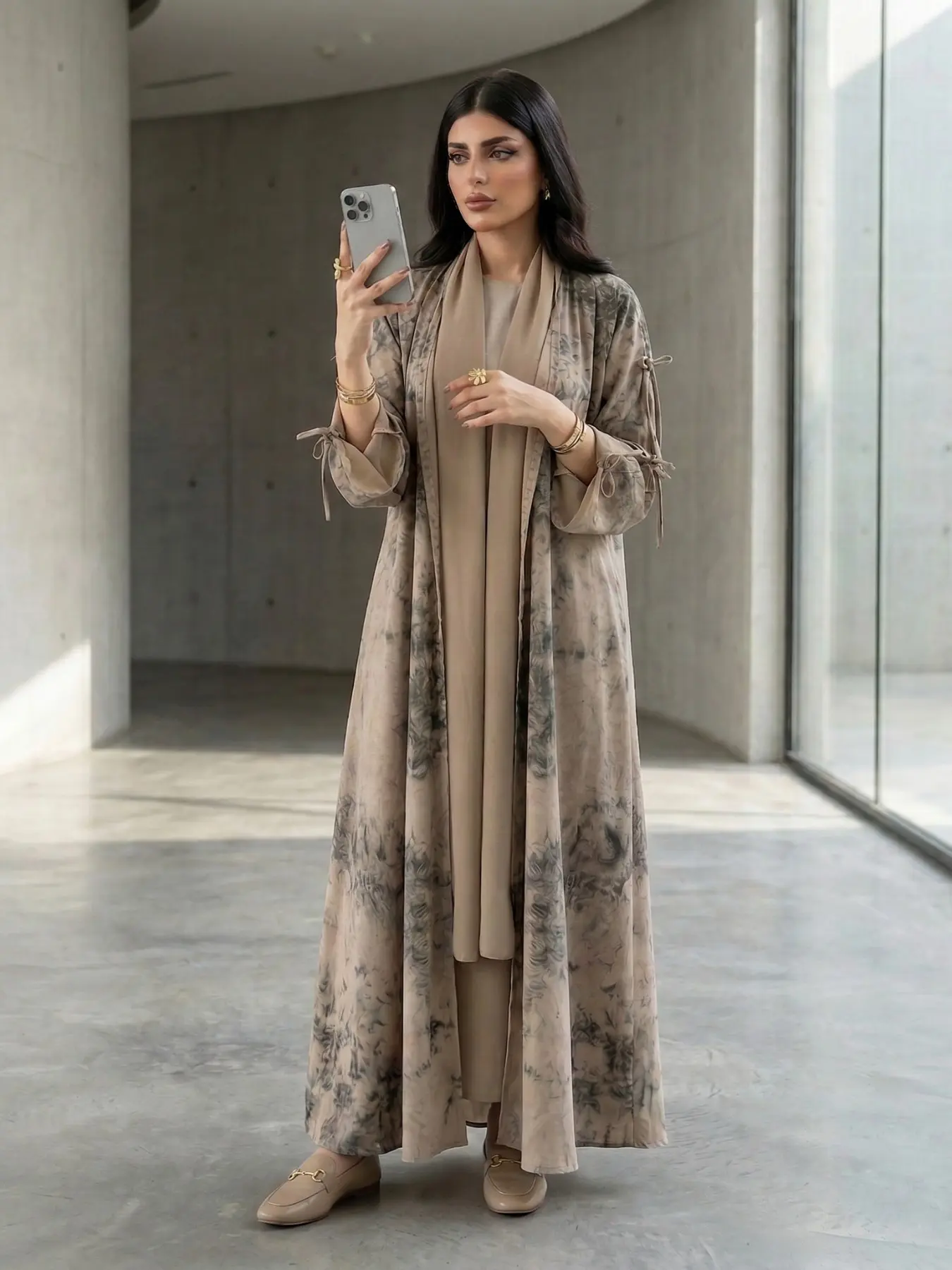 Elegant Women's Open Modesty Abaya with Tie Dye Print and Headscarf, Long Sleeve Casual Style for All Seasons, Muslim Fashion, Islamic Modesty Clothes, Modest Islamic Abaya Hijab Set