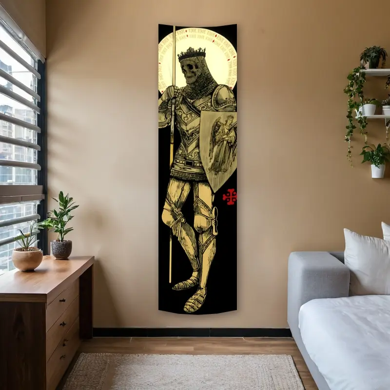 Knight Angel Vertical Banner Tapestry Wall Hanging, Medieval Armor Long Narrow Golden Art Tapestry, Ideal Gifts for Home Decor Enthusiasts, Polyester Stitched Edges Durable Decorative Wall Art for Room, Living Room Wall Decor