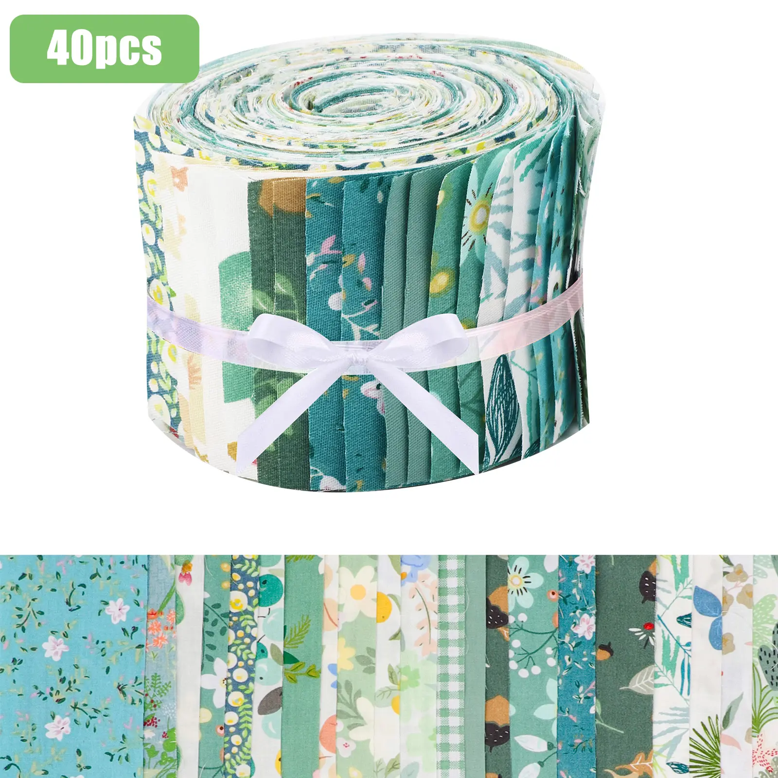 40 Pcs Precut Durable Green Floral Print Cotton Fabric Bundle - 2.5x19.8in Vintage Strips, 40 pcs to create Supplies for Floral Print Patchwork, DIY Crafts, Home Decorators, Durable Fabric