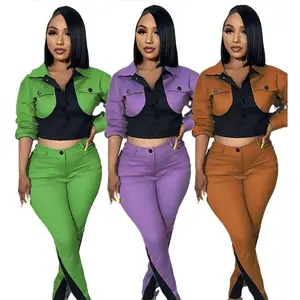 Women's Suits Fashionable Purple Two-piece Suit | Trendy Colorblock Commuter Suit | Long-sleeved Top and Pants Casual Clothes