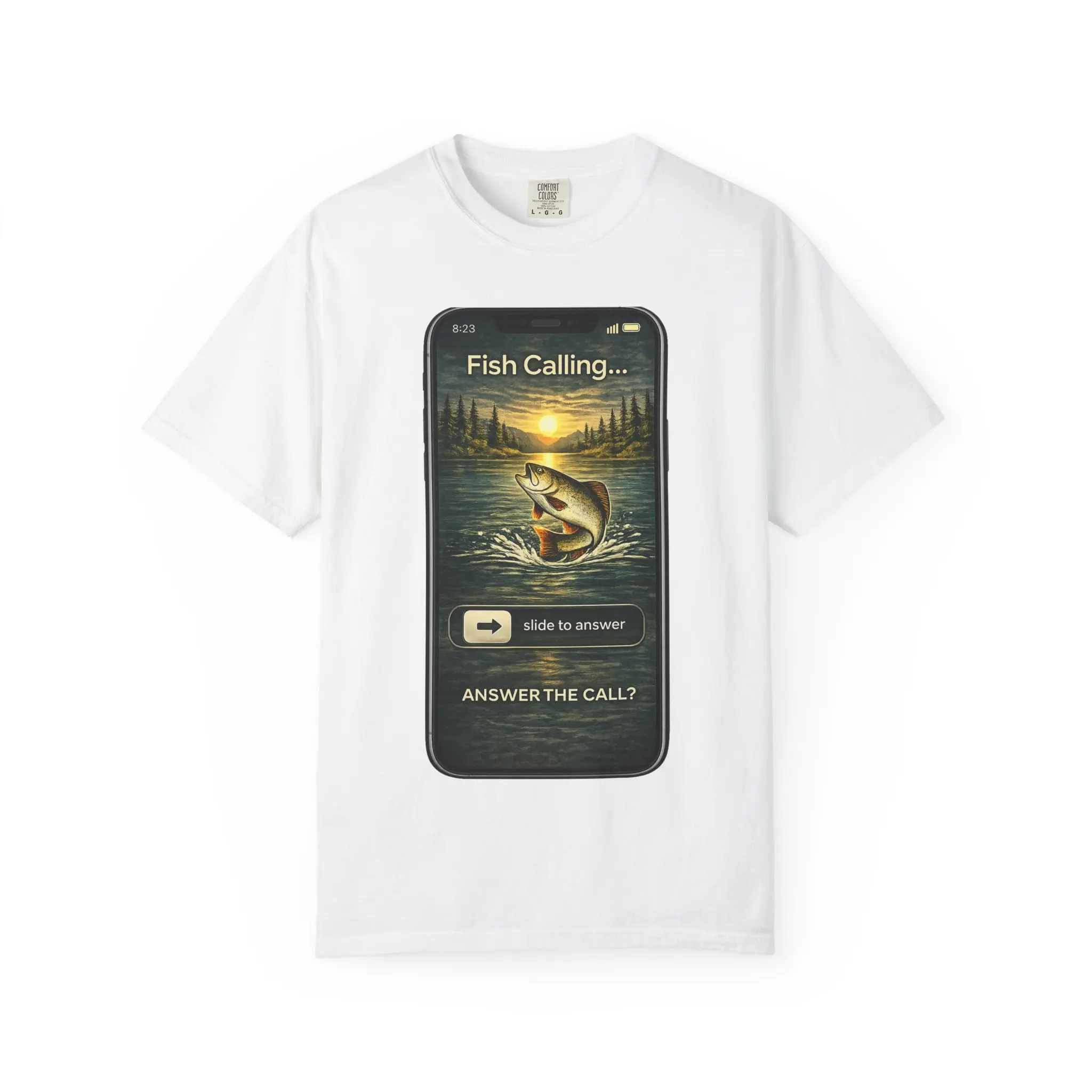 Fish Calling phone screen T-Shirt | fishing graphic, bass jumping, lake sunset