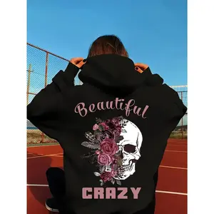 Women'S Oversized Gothic Floral Skull Print Hoodie - Long Sleeve Loose Fit Sweatshirt with "Beautiful Crazy" Text & Pink Roses, Soft Comfortable Pullover for Halloween, Fall Winter Casual Wear, sweatshirts for women comfort hoodie