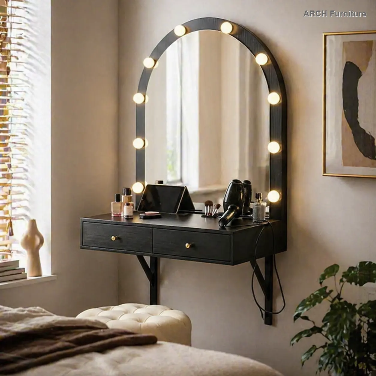 ARCH Floating Wall-Mount Vanity Writing Desk - Compact Stainless Steel Vanity Setup with 3-Color LED Adjustable Mirror, Built-in Charging Station, Charging Port, Power Outlet, USB Cable, 31.5x15.7x53.9in Storage, 121lbs Capacity for Bedroom Decor, Contemp