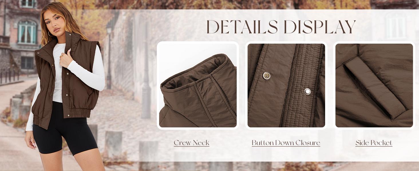 Naeduo Womens Puffer Vest Cropped Lightweight Button Down Quilted Vest Sleeveless Padded Gilet Coat with Pockets