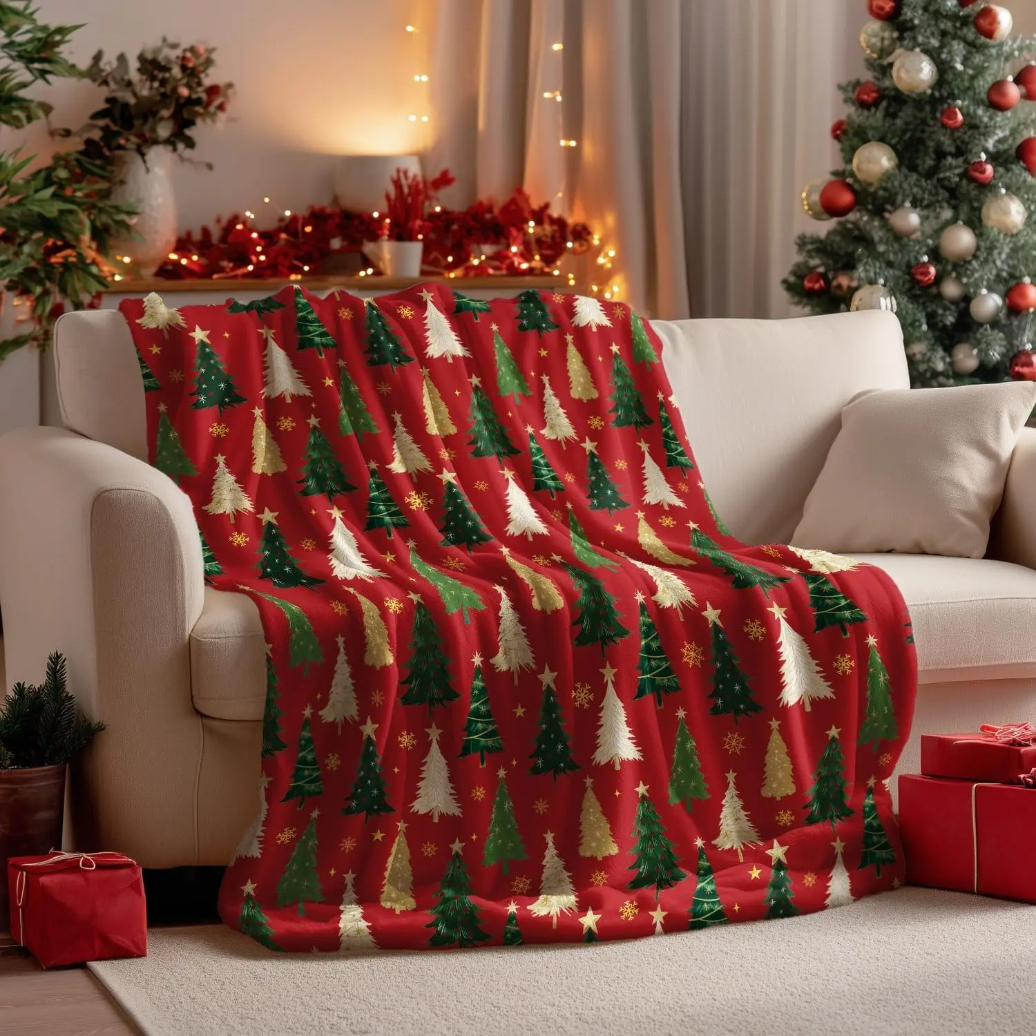 Christmas Flannel Throw Blanket - Red Tree Design, Soft Texture, Wrinkle Resistant, Cozy Setup Addition, for Couch/Sofa, Ideal Gift for Adults, 50x60 in, Fuzzy Flannel