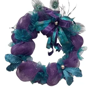 Peacock Deco Mesh Wreath , Purple Teal Fro t Door Wreath , Elegant Spring Summer Wreath Glam Door Decor ,Feather Wreath