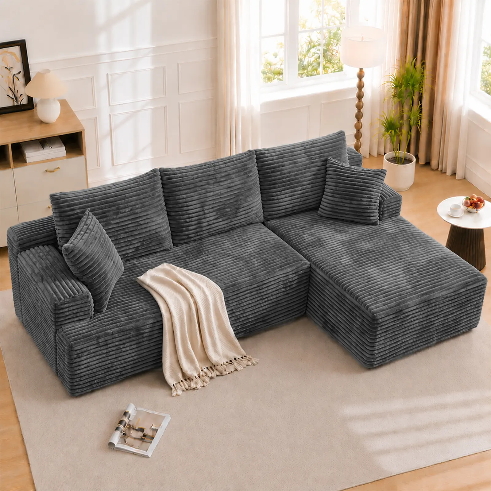 Plush Sofa Sets - 1-Package Shipping Boneless Compression Modular Corduroy Cloud Sofa with Chaise, Flexible Layout, Vacuum-Packed for Living Room/Apartment