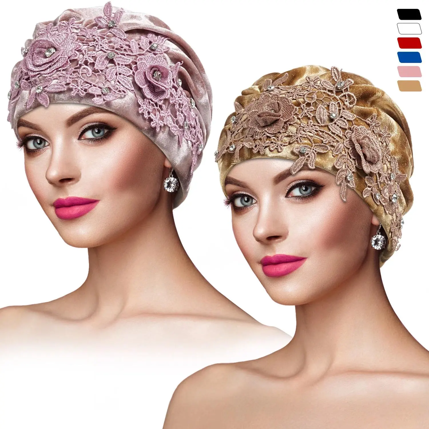 Women's Pleated Turban Cap with 3D Flower, Shiny Gold Head Wrap Hat for Muslim Wedding Party Accessories, Brass, Flower Embellished, Evening, Flower Motif