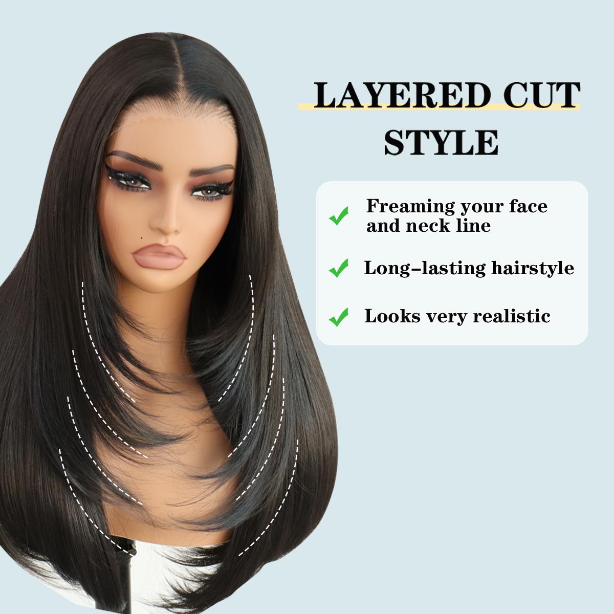 Ua Hair Glueless Synthetic layered cut 9x7 Lace Front Wig Wear And Go Pre Plucked Pre Cut Straight Wig Natural Hairline with Tiny Knots Premium Fiber