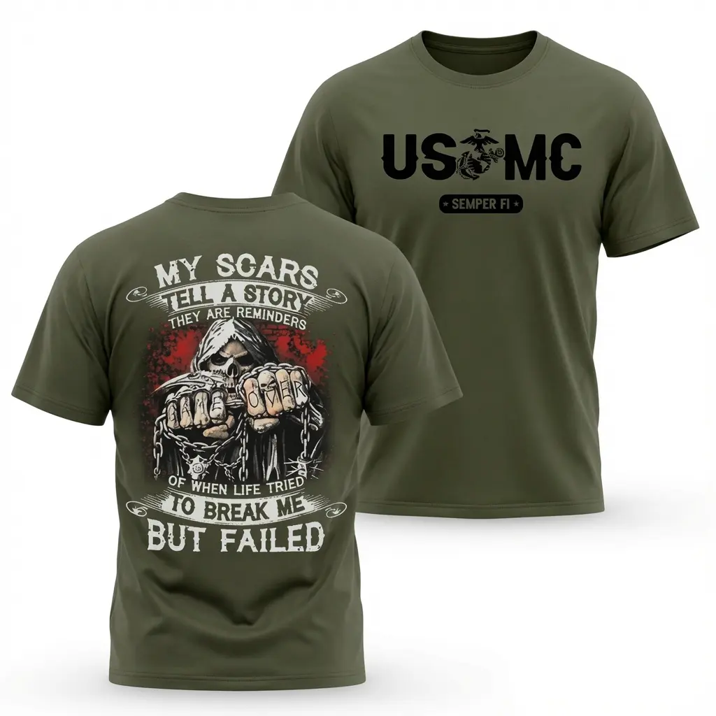 Men's Shortsleeve USMC Print T-Shirt - Apparel, Menswear, Plain Breathable Fabric, "My Scars Tell A Story" Design