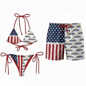 Patriotic USA Flag Couple Swimwear – Twisted Tea Bikini for Women & Matching Mens Swim Trunks, American Flag Beach Outfit for Summer Vacation
