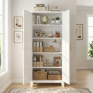 Modern White 2‑Door Storage Cabinet, 31.5" Wide Tall Bookshelf with Adjustable Shelves & Gold Handles, Freestanding Pantry / Wardrobe Closet for Living Room, Bedroom or Home Office