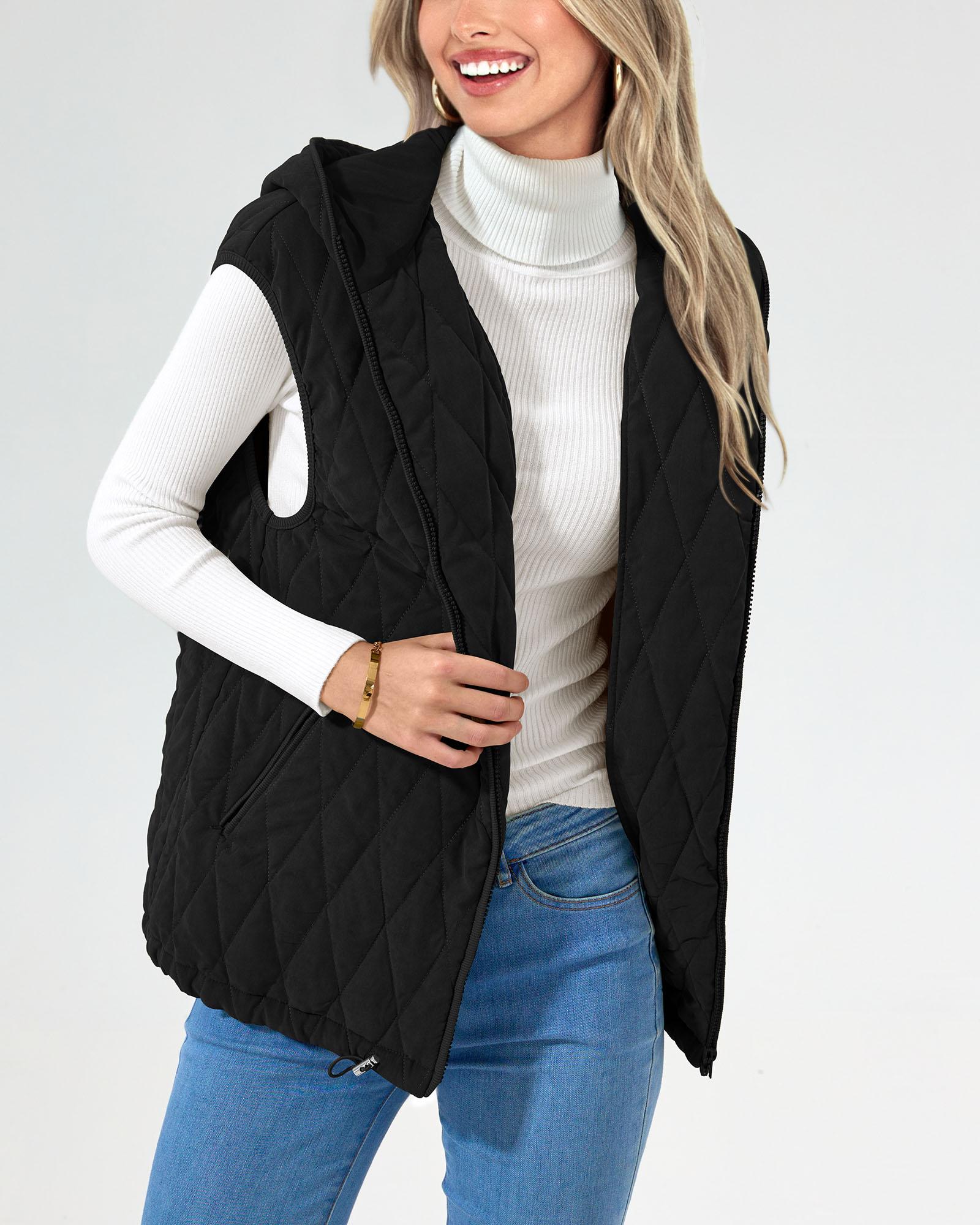 PrettyGarden Women's Quilted Vest Casual Sleeveless Hooded Zip Up Diamond pattern Jacket With Pockets Winter Coat Outerwear Minimalist Top