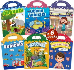 6-Pack Reusable Jelly Sticker Books for Toddlers 2-5, Puffy Activity Books for Travel, Educational Quiet Toys for Airplane & Car, Gift for 2 3 4 5 Year Old Girls & Boys