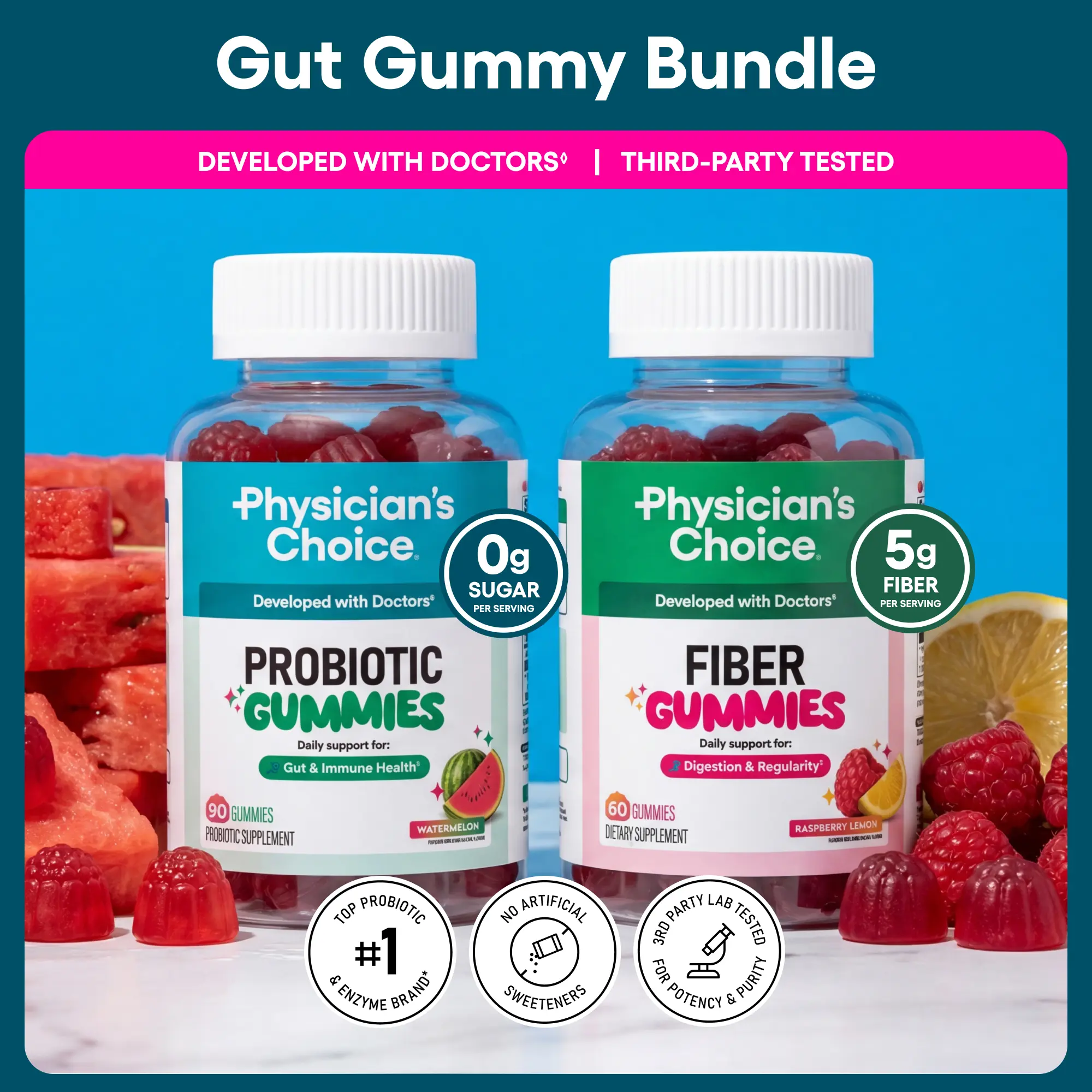 Physician's Choice Gut Gummy Bundle: Gut & Immune Health for Adults with Prebiotic Fiber & Probiotic Gummies - No Sugar Added