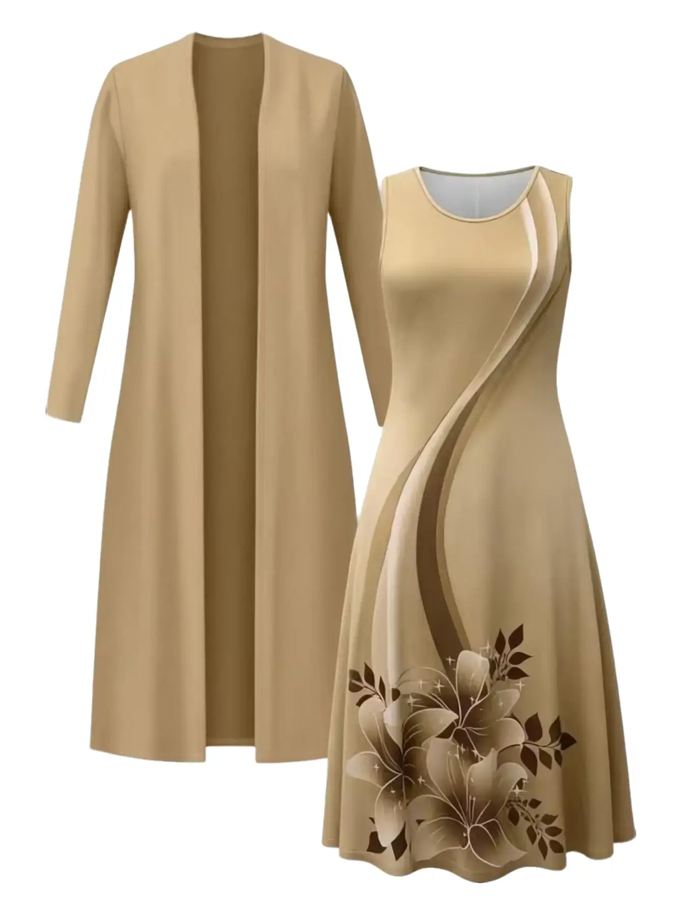 2-piece set, vest style dress+long sleeved jacket cardigan, women's fashionable dress set, floral print dress cardigan top paired with waist cinching long skirt 2-piece set, elegant temperament, suitable for work commuting&party wear