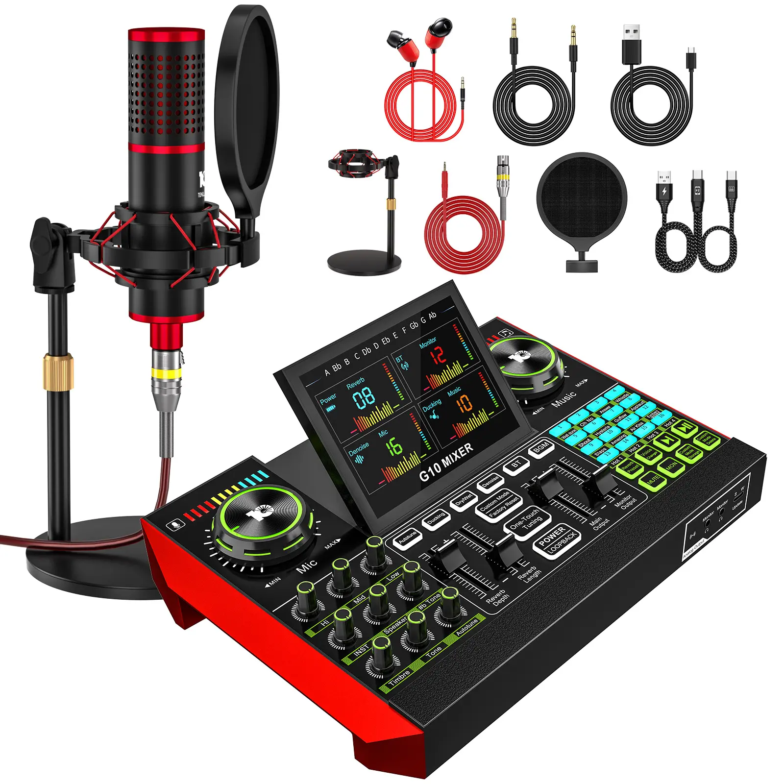 【AY LIVE M18】Tenlamp G10-M18 Live Sound Card Audio Mixer, XLR Input with 48V Phantom Power, One-Touch Noise Reduction & Voice Changer for Streaming, Podcasting, Gaming