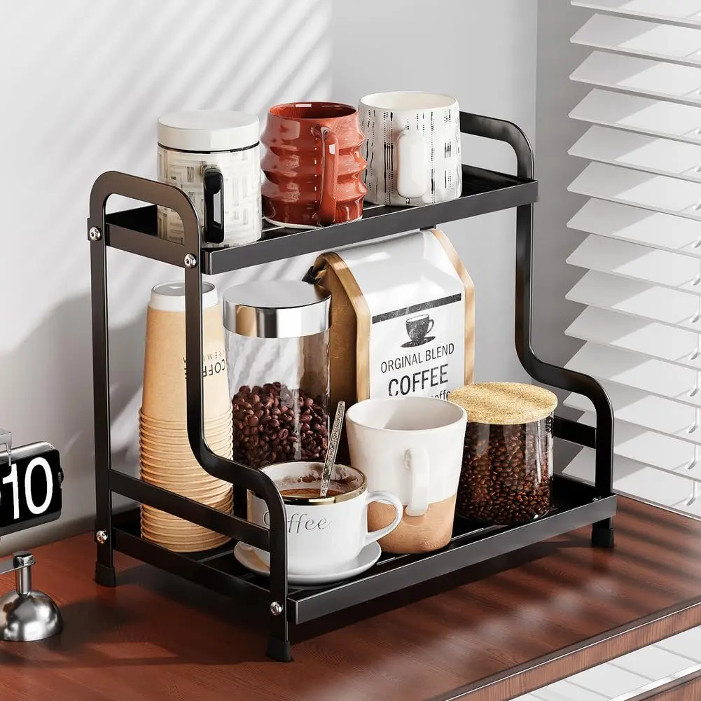 2-Tier Steel Coffee Mug Rack, Rust-Proof Stable Metal Organiser with Perimeter Edges, Scratch-Resistant Multifunctional Kitchen Accessory for Home Decor Enthusiasts, Modern and Simple Kitchen/Bathroom Use