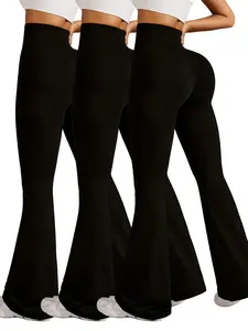 3-Pack High Waist Flared Leggings, Yoga & Running Flare Pants, Everyday Stretchy Bell-Bottoms, Slim Fit Solid Trousers For All Seasons SpringStatements