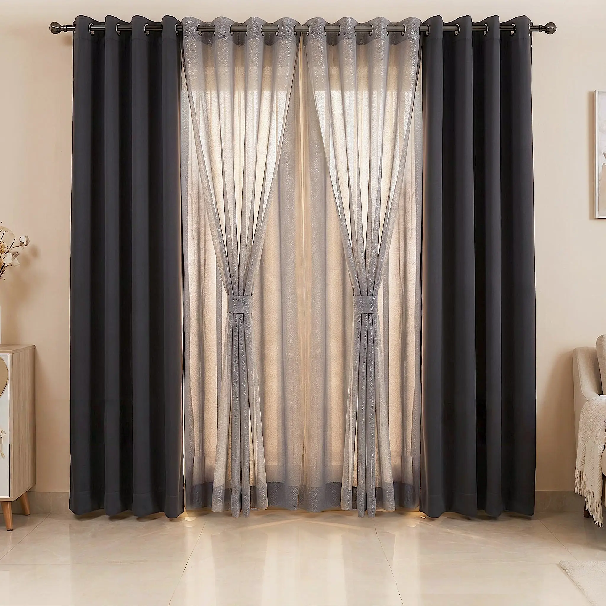 6 PANELS 54"X84" grommet Curtains Combo, 2 Panels Solid   Blackout Curtain & 4 Panels Foil Silver Metallic Doli Sheer Curtain Thermal Insulated Noise Reducing Window Drapes, Room Darkening Curtain Panels for Bedroom Living Room  QF222 L28