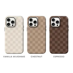 Neutral Brown & Cream Checkered Shockproof Phone Casing - Handheld Devices Protection Cover for iPhone 17 Pro Max, 16 Plus, 15, 14, 13, 12, 11, XR, XS